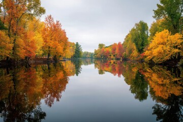 Fototapeta premium Vibrant autumn colors reflected in a calm lake, tranquility