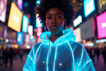 Fototapeta premium Black Woman in a Shimmering Holographic Hoodie Amid the Neon Lights of Times Square, Merging Urban Power with Futuristic Fashion. AI-generated