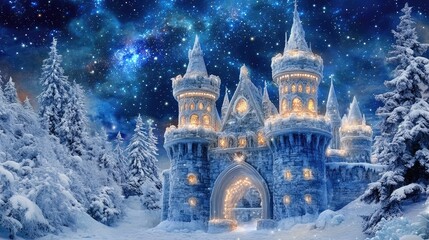 Fototapeta premium A beautiful ice castle with glowing windows, set against a starry winter sky.