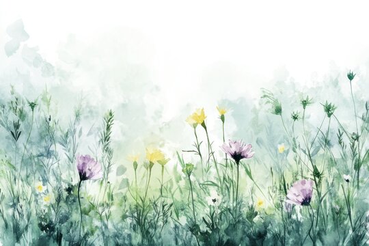 Beautiful watercolor depiction of various colorful wildflowers in a field