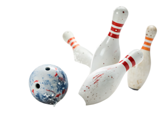 bowling ball hits bowling pins isolated on white background, PNG
