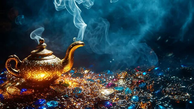 Isolated white ceramic teapot with rising smoke, like Aladdin's magic lamp, a hot traditional drink object