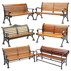 Wooden Park Benches: 6 Styles for Sale isolated on transparent background