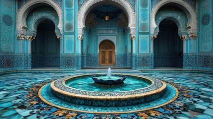 Stunning blue courtyard with fountain