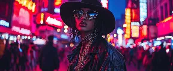 Obraz premium Woman in stylish attire amidst vibrant city lights