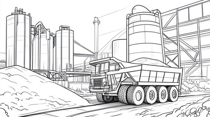 Industrial truck at factory complex; illustration; potential for coloring book