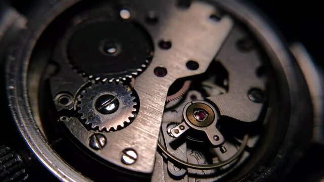 Close up of inner mechanism of a vintage watch with changing lighting