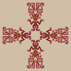 Geometrical cross shape ornament with four human figurines. Native American pre Columbian design from ancient Peru.