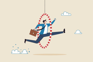 Capability or employee competence, skill and performance to achieve success, challenge or motivation to overcome obstacle, winning concept, capable skillful businessman winner jump through the hoop.