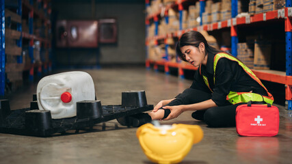 Fototapeta premium Warehouse worker has an accident from falling from a height while working in a factory.