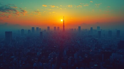 Fototapeta premium Sunrise over a misty cityscape