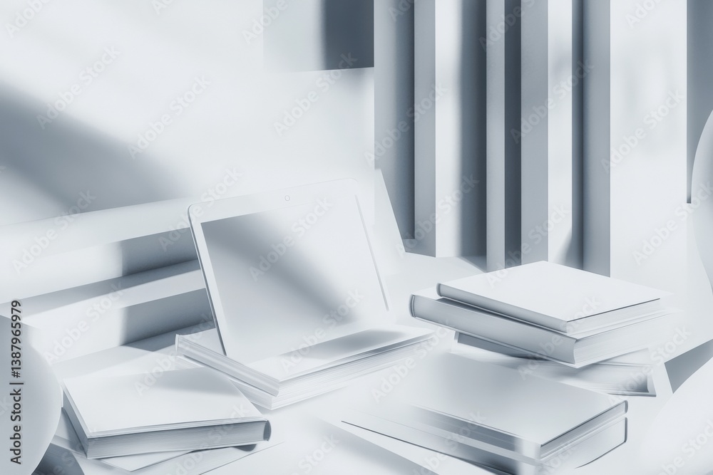 Aufkleber stylish monochrome education-themed setup featuring books and a digital tablet on a soft gradient ba
