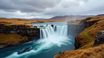Fototapeta premium Panoramic view of Barnafoss waterfall in Iceland with cloudy skies at midday.