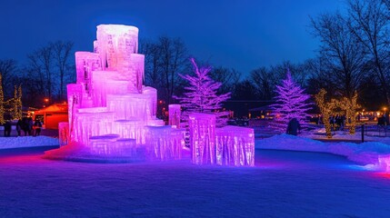 A frozen waterfall transformed into a natural ice sculpture at a winter festival.