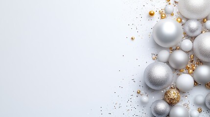 A collection of elegant white and gold Christmas ornaments scattered on a clean white surface, and festive holiday decoration concept.