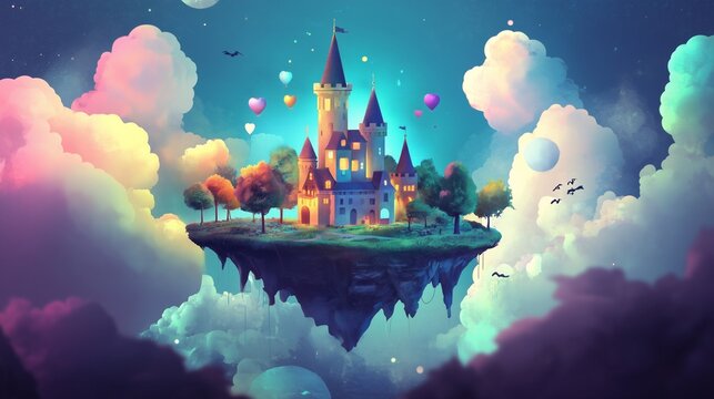A whimsical floating island with a pastel castle