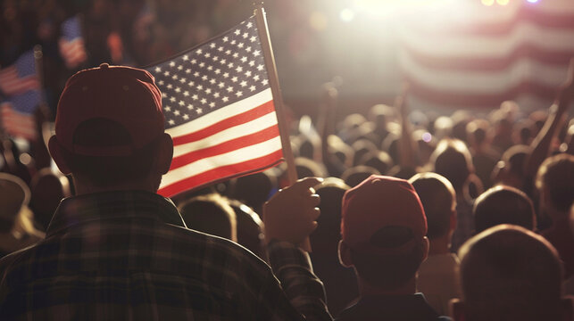 A patriotic scene with an American flag waving at an election rally. stock image, hd quality