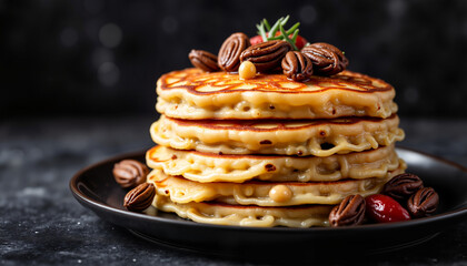 Fluffy stack of pancakes with coffee beans on dark background, deliciousness
