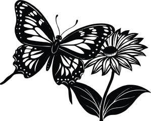  butterfly on a flower silhouette on white background