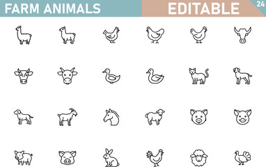Fototapeta premium Editable Farm Animal Icons Llamas, Chickens, Cows, Goats, Pigs