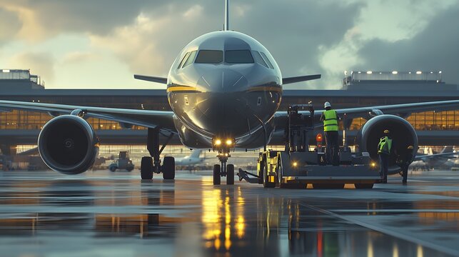 A large airplane executing a pushback operation at a modern airport. The scene shows a tug truck connected to the plane s nose gear