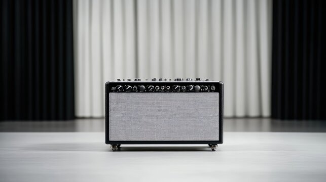 A high-quality photo shows a black guitar amplifier with a light gray speaker grille. It sits on a plain floor against a backdrop of black and white curtains. The image boasts sharp resolution and eve