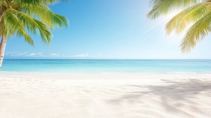 Fototapeta premium A pristine beach scene features white sand and turquoise water. Palm trees frame the image, partially obscuring a sunny sky. The high-resolution photo boasts a vibrant, idyllic aesthetic. Warm, brig