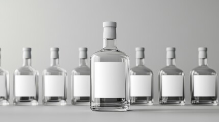 Clear glass and liquid with blank labels. Miniature spirits, liquor bottle mockup.