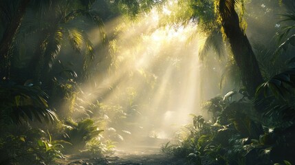 A dense tropical rainforest, mist rising, sunlight filtering through the leaves --ar 16:9 --v 6.1 Job ID: d29465be-22cd-422f-98d3-afd61bb2fce9