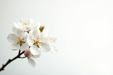 Delicate white blossoms against pure white backdrop, botanical, aesthetic