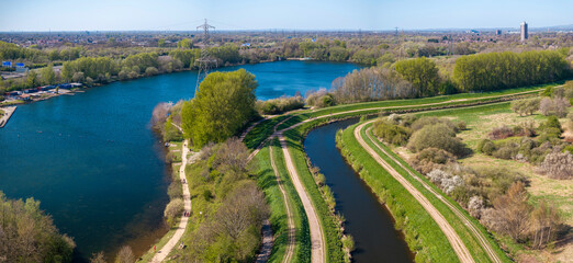 Panoramic Aerial Image of River Mersey and Sale Water Park in Greater Manchester. 