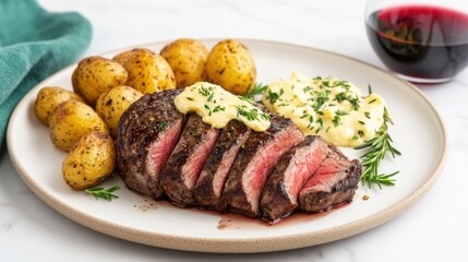 A perfectly charred porterhouse steak, sliced and served with a side of garlic butter, crispy rosemary potatoes
