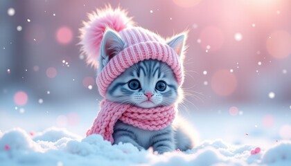 Adorable kitten wearing hat and scarf playing in the snow  