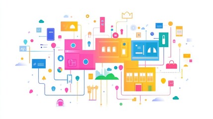 Colorful interconnected building system with abstract elements