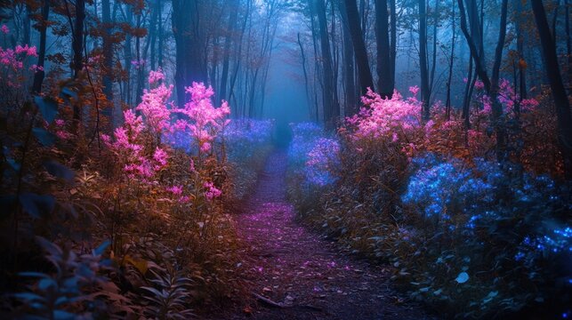 Sendero con flores brillantes en un bosque