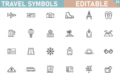 Editable Travel Icons Airplane, Tickets, Camera, Boots, Compass, FlipFlops, More