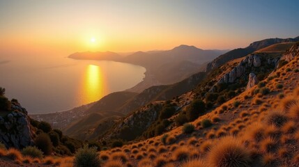 Obraz premium Tzoumerka in Greece at dawn, hot summer day, viewed in a wide panoramic shot.