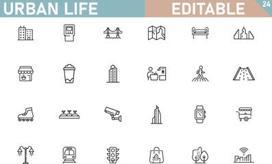 Editable Urban Life Icon Set City, Buildings, Transportation, and More