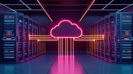A futuristic data center with servers lined up, featuring a neon cloud symbol representing cloud computing and data connections.