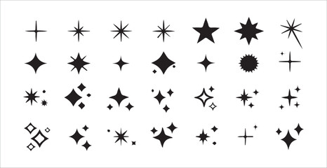 Vector Set of Black Sparkle, Star, and Burst Icons on Transparent Background . vector illustration eps 10.
