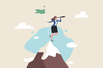 Victory or business achievement, triumph winner or champion searching for next mission goal or target, vision or new challenge concept, success businesswoman on mountain peak look for new challenge.