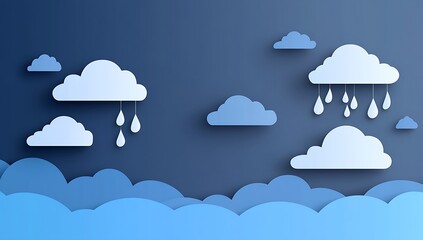 Fototapeta premium A paper-cut illustration depicting dark grey clouds with raindrops falling against a blue background