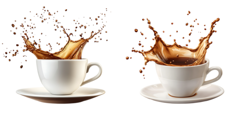 Set of flying cups of coffee with splash isolated on transparent background, high resolution PNG file