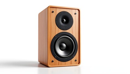Fototapeta premium A photorealistic 3D rendering of a single, wooden bookshelf speaker isolated against a pure white background with a subtl