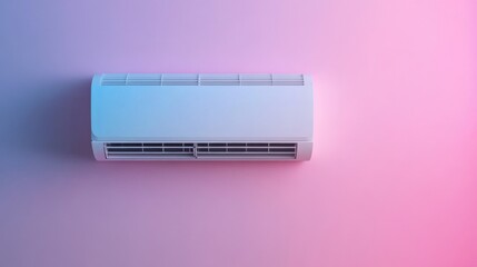 Close up shot of white air conditioner. AC hanging on the pastel color wall with a lot of copy space text mockup. Background. generative ai.