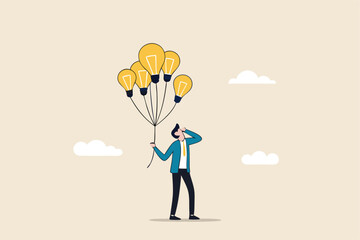 Innovation idea, creativity, solution or smart thinking, inspiration, imagination or wisdom to develop business plan, advice or invention concept, smart businessman holding lightbulb idea balloons.