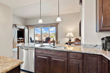 a home kitchen interior with counters 