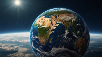 Fototapeta premium Earth in space with the moon and sun visible, showcasing the globe with continents like Europe, Asia, and America, surrounded by the vast universe and ocean