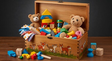 Children's toys delightfully arranged in a wooden toy chest  