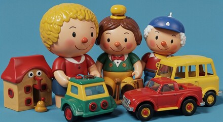 Obraz premium Colorful children's toys with smiling figures and vehicles on blue 